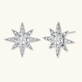 Sterling silver star-shaped stud earrings with brilliant moissanite center stones and pavé details on neutral background.