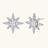 Sterling silver star-shaped stud earrings with brilliant moissanite center stones and pavé details on neutral background.