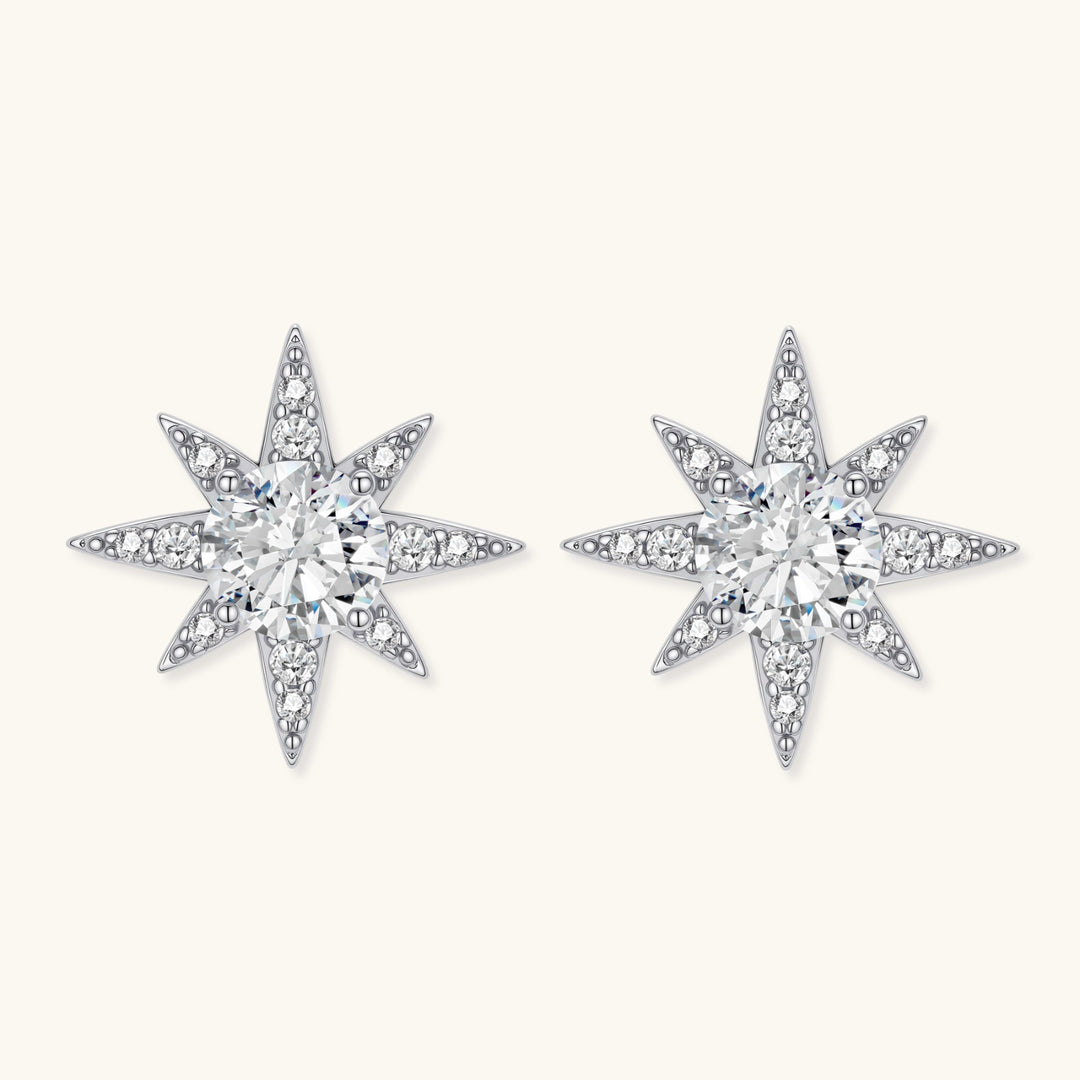 Sterling silver star-shaped stud earrings with brilliant moissanite center stones and pavé details on neutral background.
