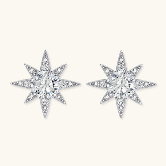 Sterling silver star-shaped stud earrings with brilliant moissanite center stones and pavé details on neutral background.