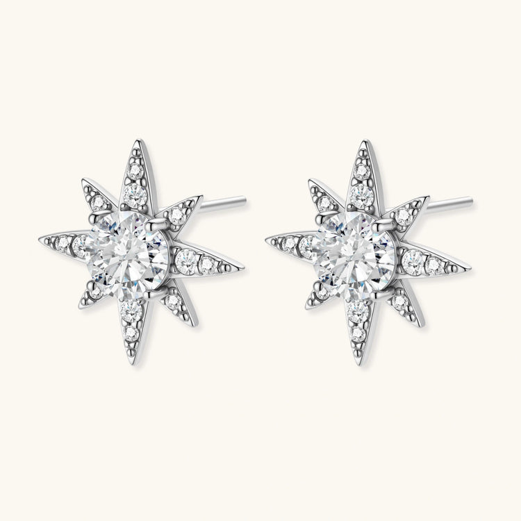 Sterling silver star-shaped stud earrings with brilliant moissanite center stones and pavé details on neutral background.