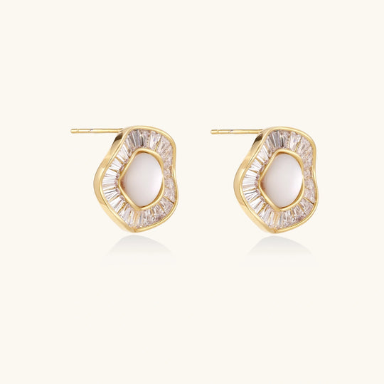 Round 14K gold-plated stud earrings with a mother of pearl center surrounded by baguette-cut crystals, 16mm.