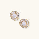 Round 14K gold-plated stud earrings with a mother of pearl center surrounded by baguette-cut crystals, 16mm.