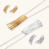 Layered metallic wing-shaped pendant and matching earrings with feathered texture in silver and gold finishes