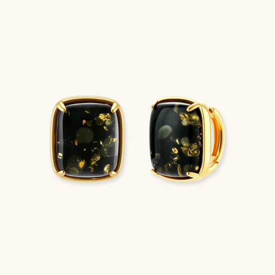 Elegant cushion-cut green amber earrings with golden inclusions in 18K gold-plated sterling silver settings.